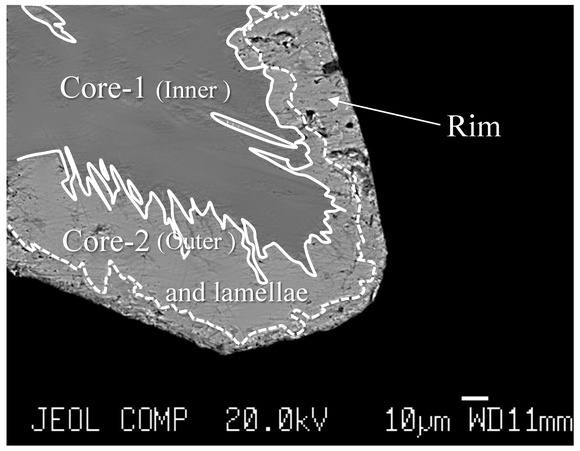 Рисунок 4. Сульфидное включение в оливине из кимберлита Удачная (Якутия): BSE-изображение мсс: Ядро-1 (внутреннее), пентландид Ядро-2 (внешнее) и ободок халькопирита.