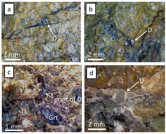 Рисунок 1. Алмазы (d) в трещинах в оливине мегакристаллических дунитов из кимберлитовой трубки Удачная (Якутия, Россия): (a,b) U-69/76; (c) U-450/89; (d) LUV-833.