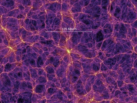 Изображение из симуляции Вселенной, показывающее пустоты, нити и скопления